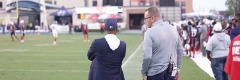 Jarome and Jackson State VP/AD Ashley Robinson at Veterans Memorial Stadium.